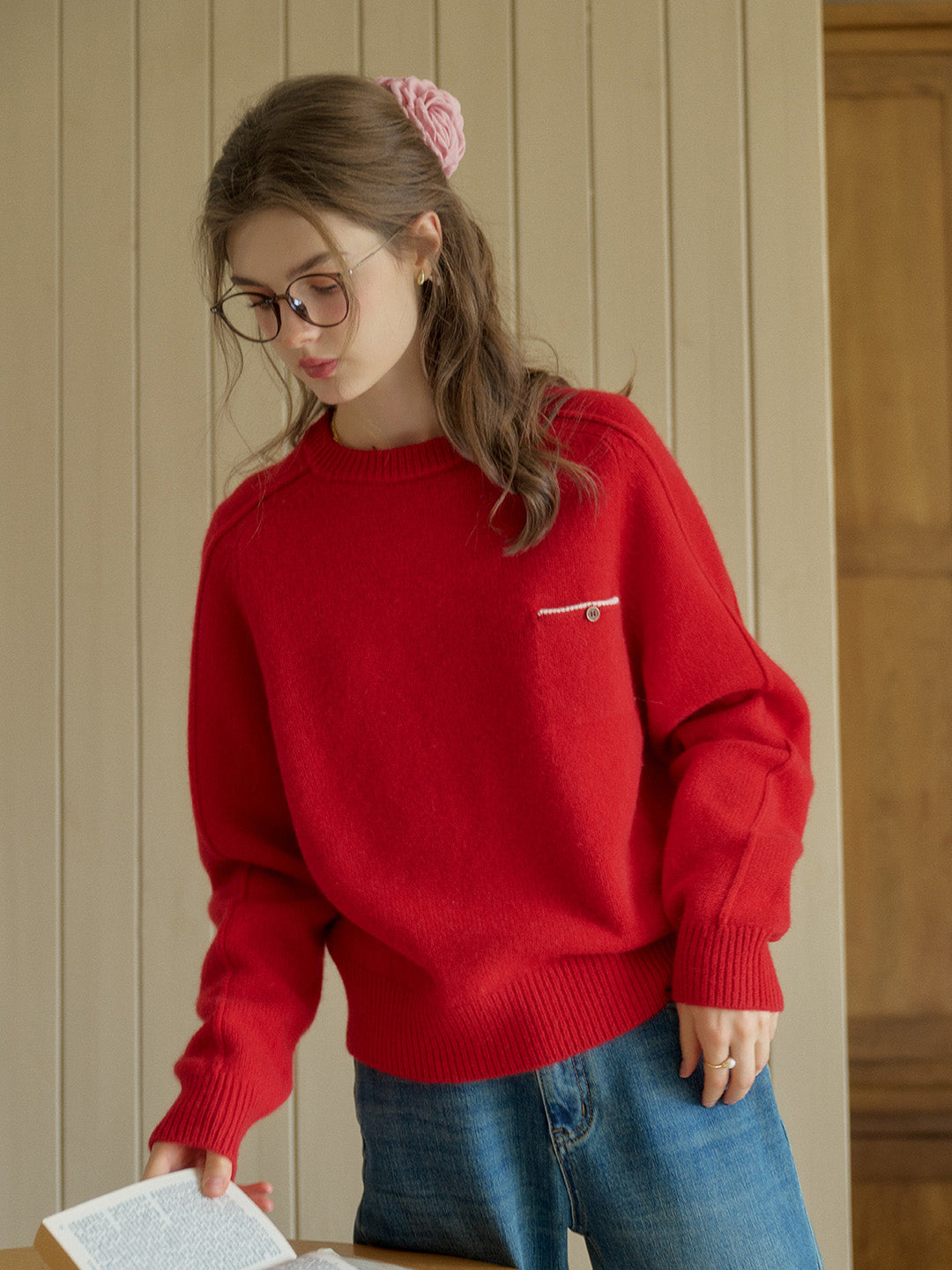 Natalie Solid Raglan Sleeve Pocket Patched 100% Wool Sweater - Red