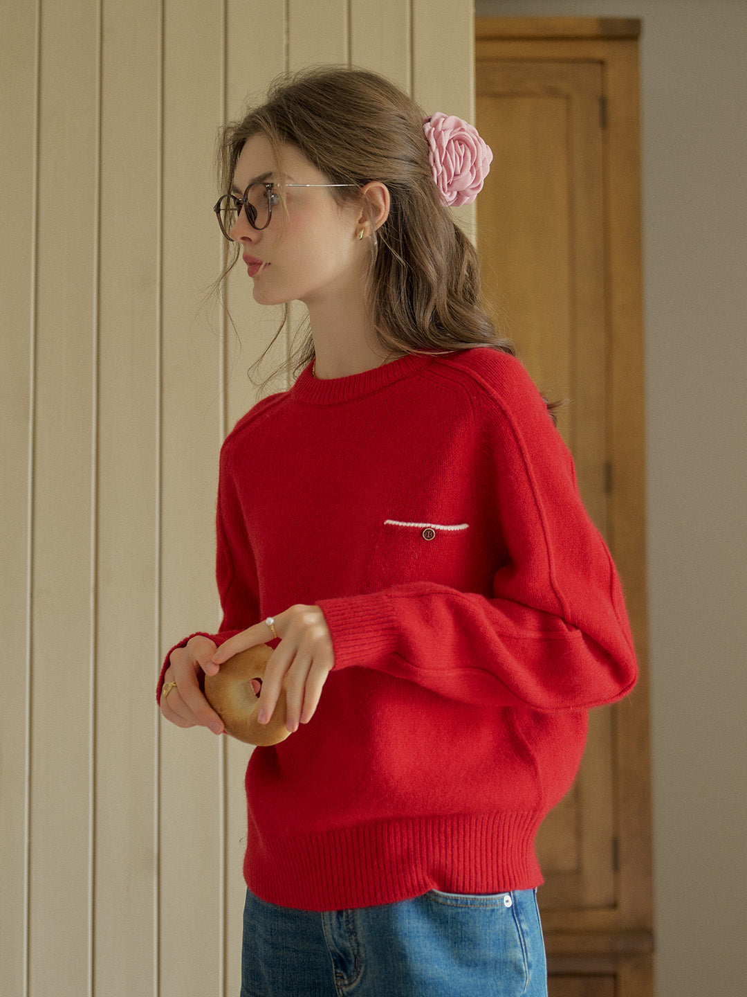 Natalie Solid Raglan Sleeve Pocket Patched 100% Wool Sweater - Red