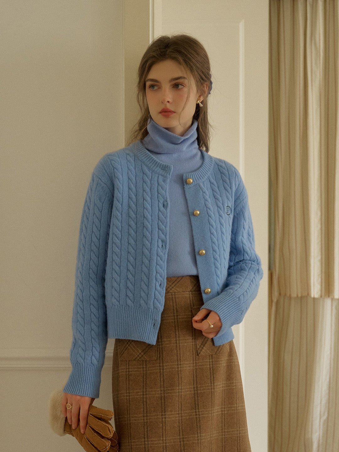 Carla SR Design Logo Round Neck Embroidered Knit 100% Wool Cardigan