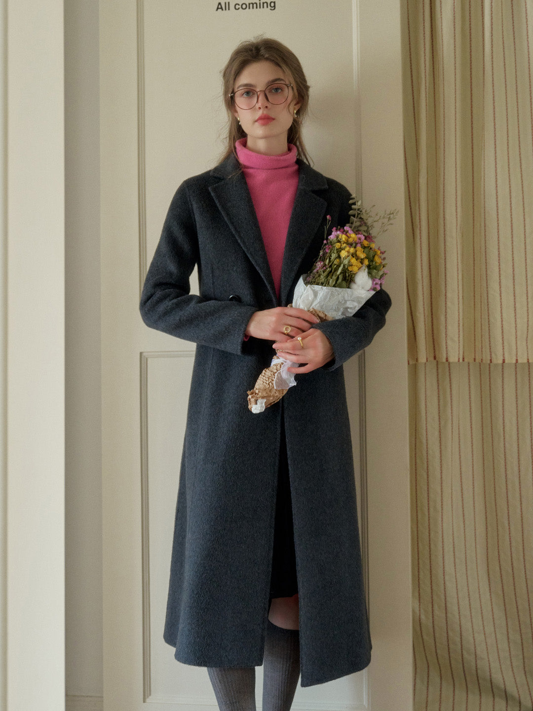 Tressa Notched Lapel A-Line Double-Breasted Button Wool Coat