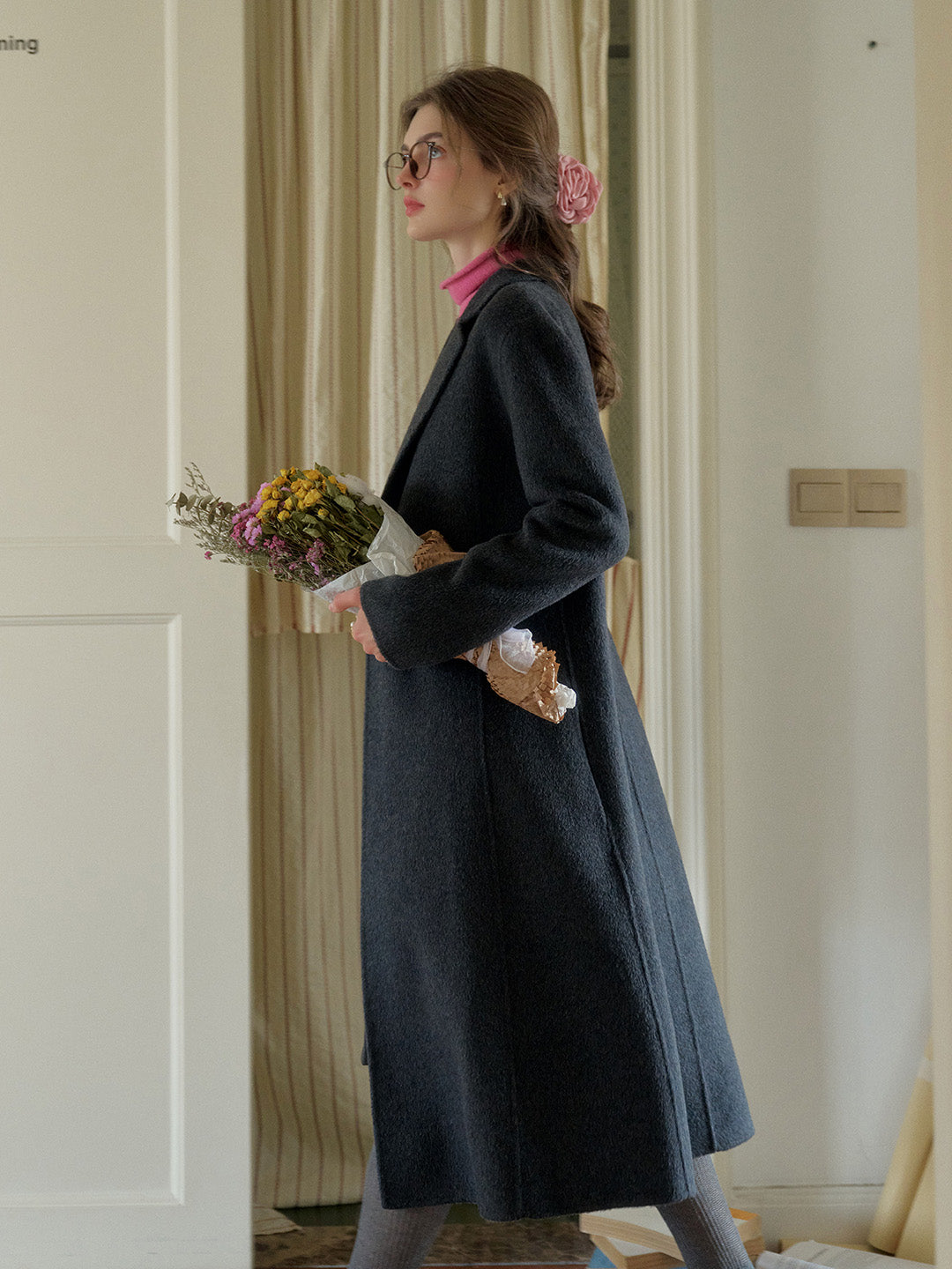 Tressa Notched Lapel A-Line Double-Breasted Button Wool Coat