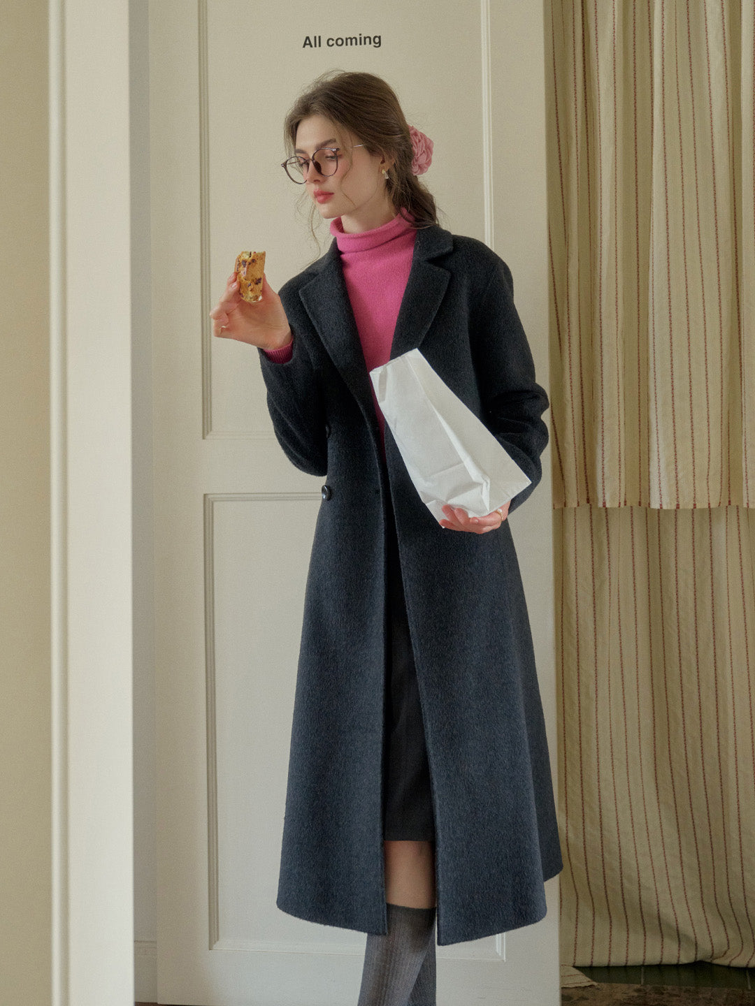 Tressa Notched Lapel A-Line Double-Breasted Button Wool Coat