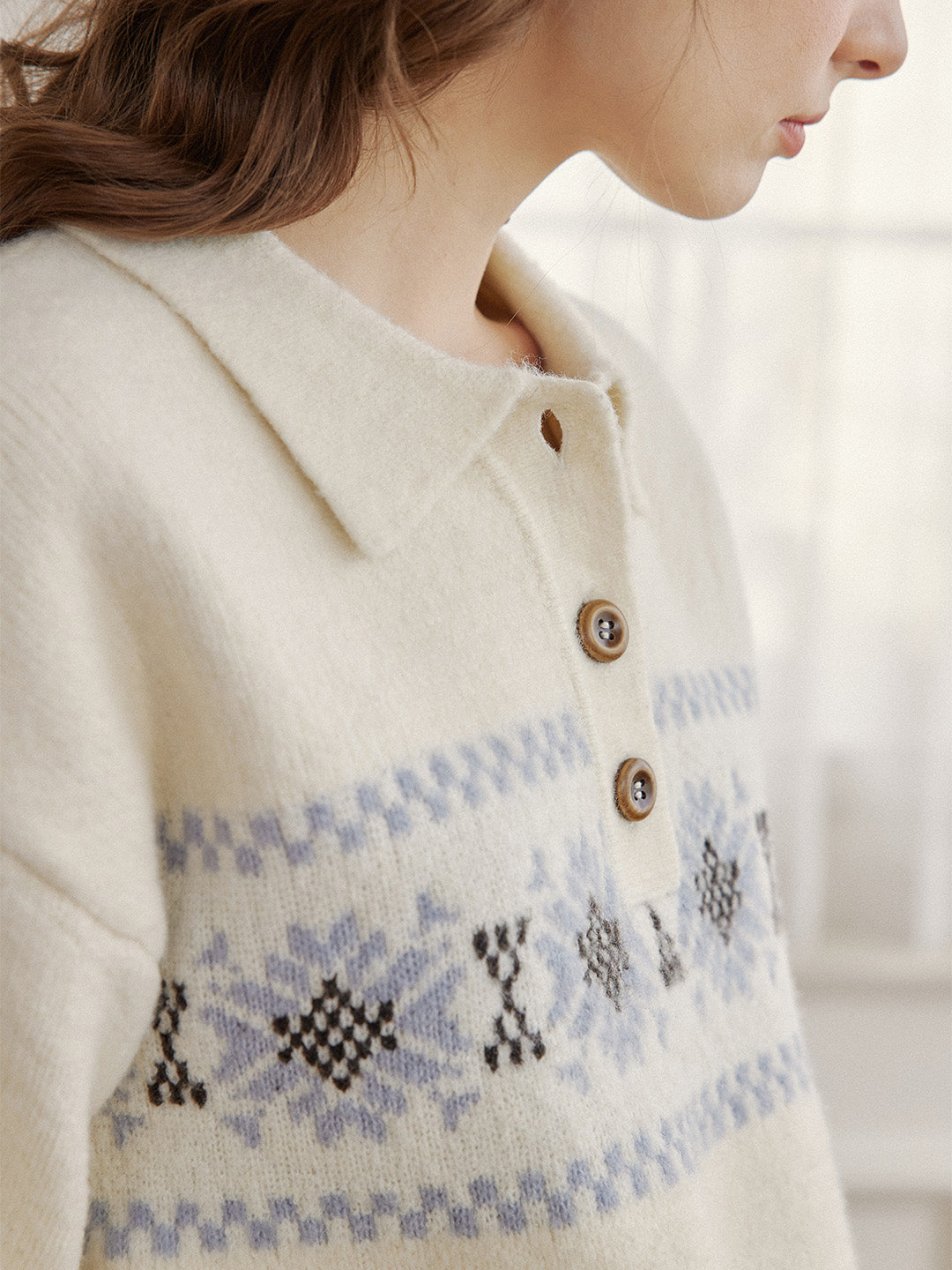 Norah Snowflake Jacquard Polo Fair Isle Knit Sweater