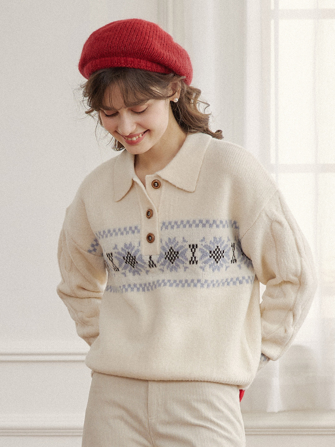 Norah Snowflake Jacquard Polo Fair Isle Knit Sweater