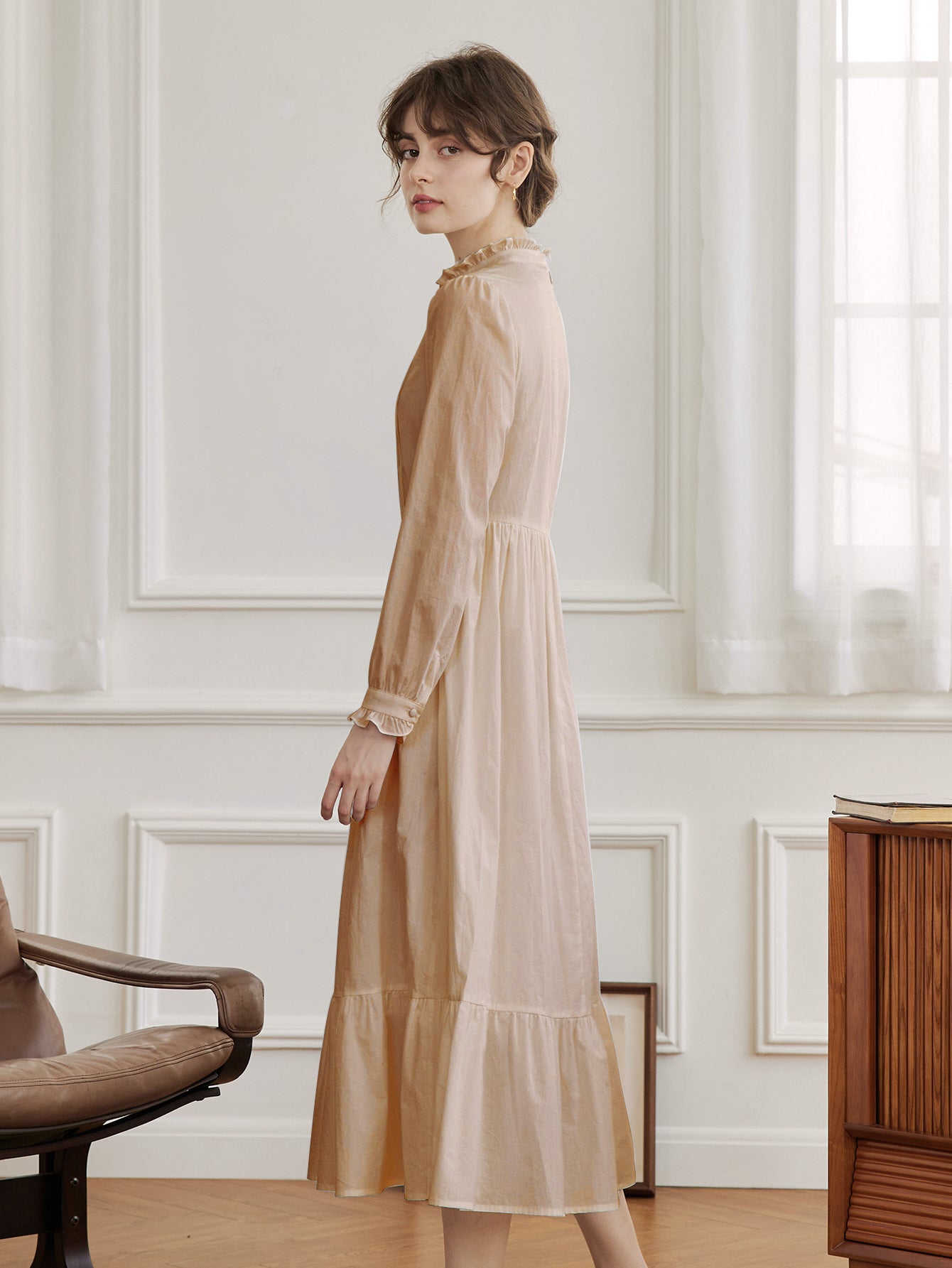 Aurelia Retro Long-sleeve Khaki Dress