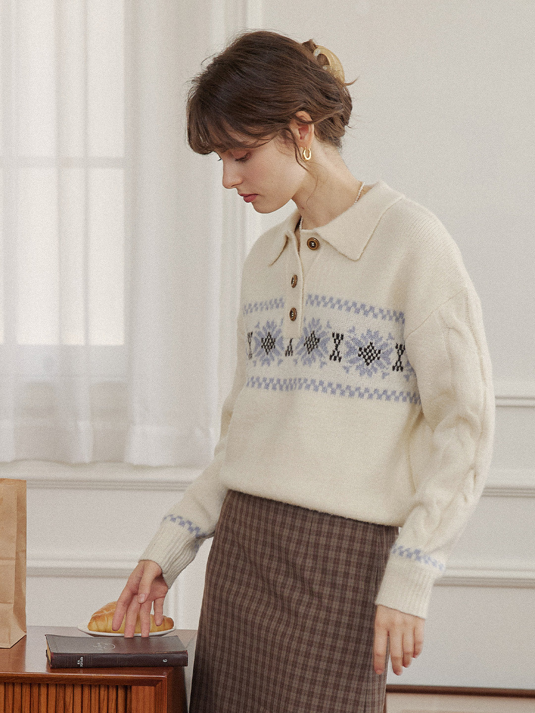 Norah Snowflake Jacquard Polo Fair Isle Knit Sweater