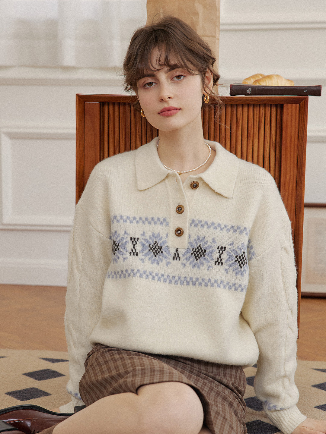 Norah Snowflake Jacquard Polo Fair Isle Knit Sweater