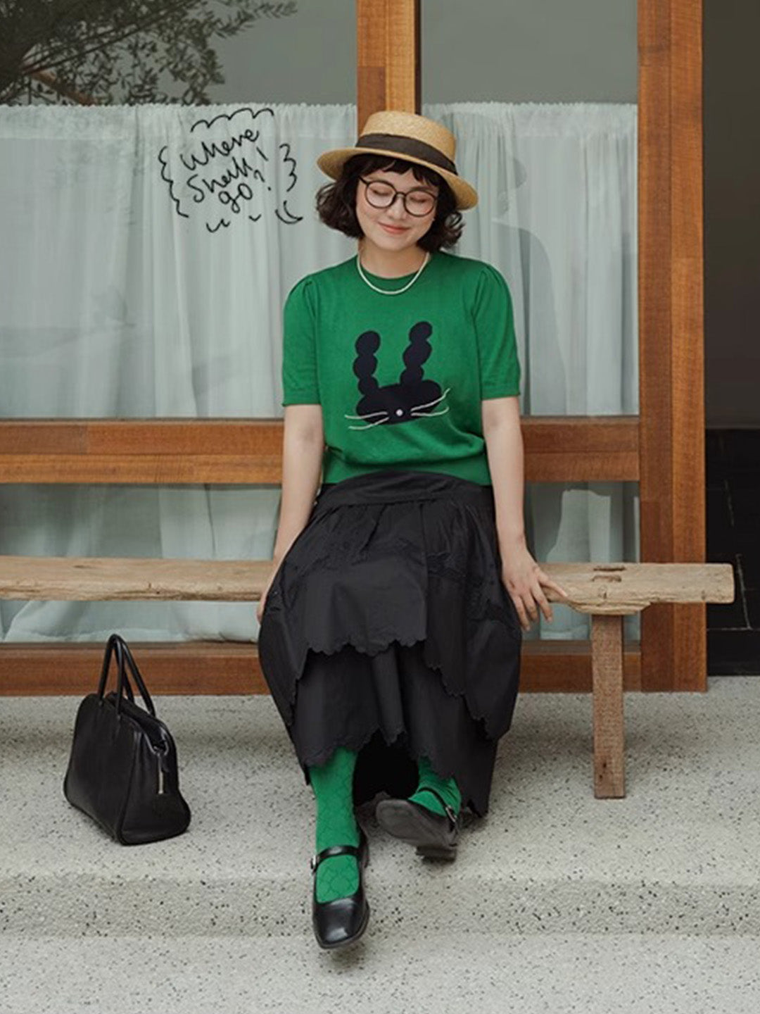 Chowxiaodou Puff-Sleeve Knit Linen T-Shirt