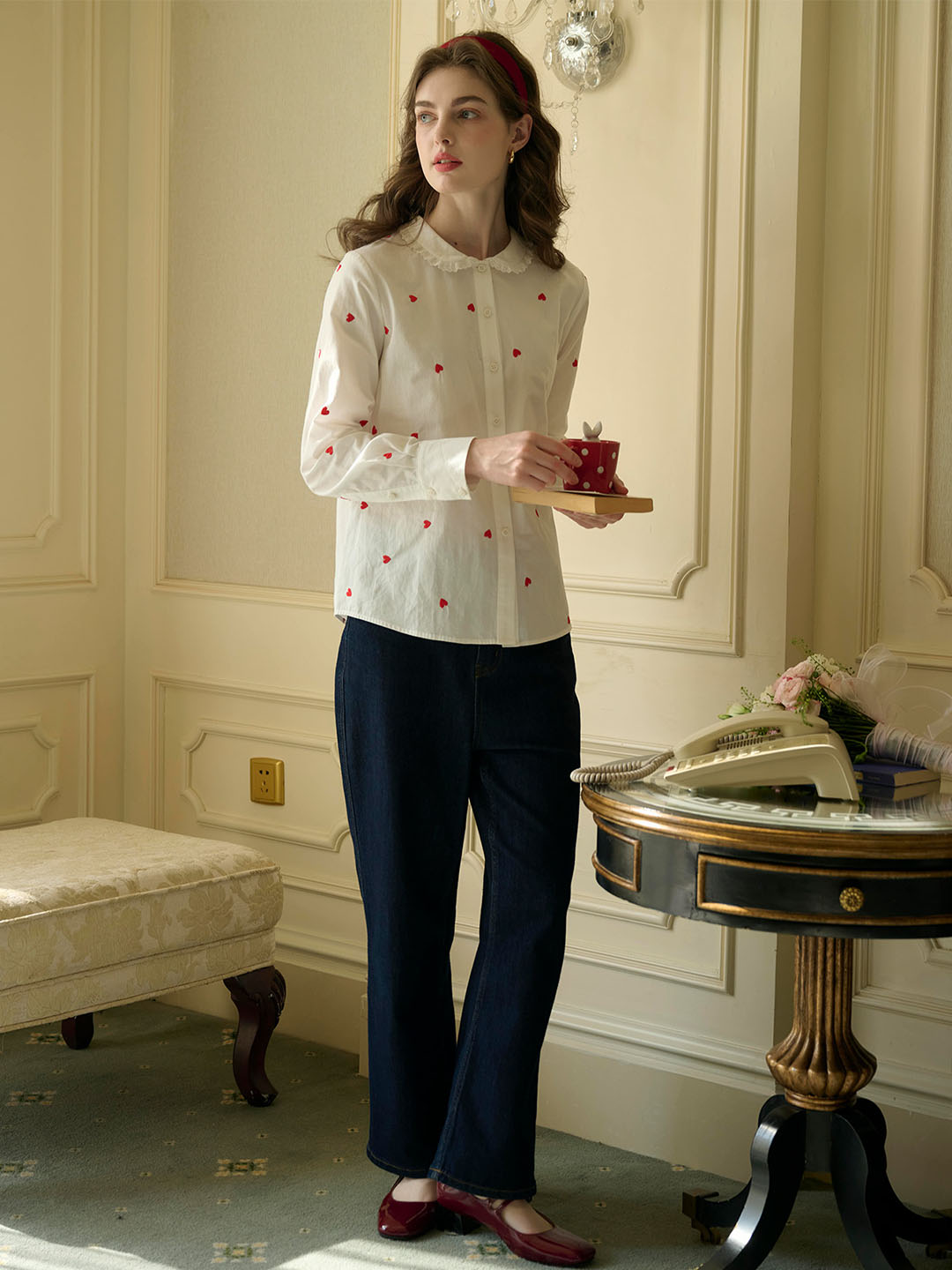 Arianna Peter Pan Collar Sweetheart Embroidered Cotton Blouse