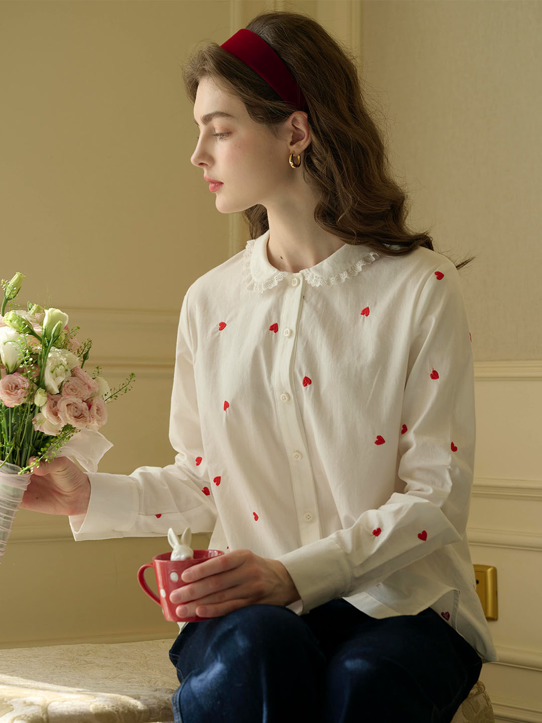 Arianna Peter Pan Collar Sweetheart Embroidered Cotton Blouse