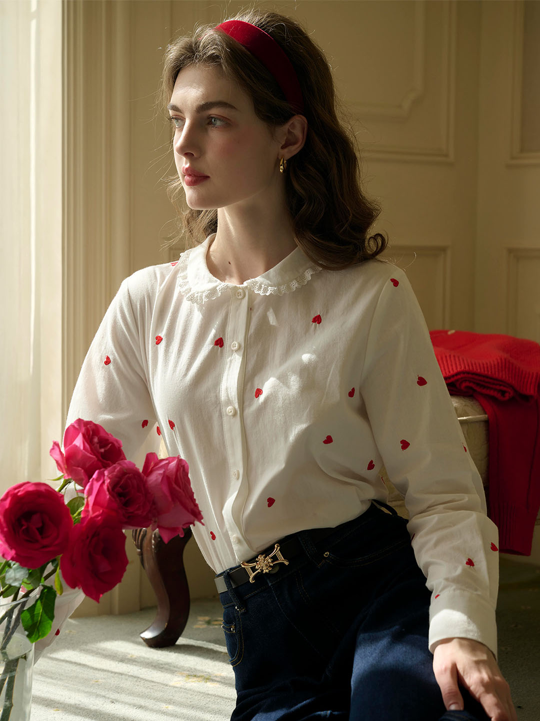 Arianna Peter Pan Collar Sweetheart Embroidered Cotton Blouse