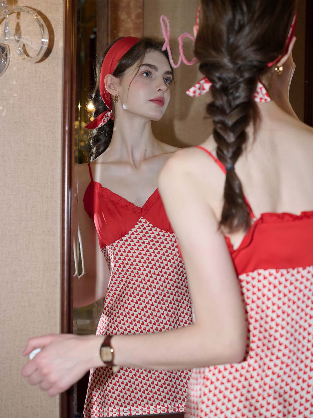 red suspender dress LINGLAI Hong Kong style rose red suspender dress women's summer waist Lee Nhi Boutique