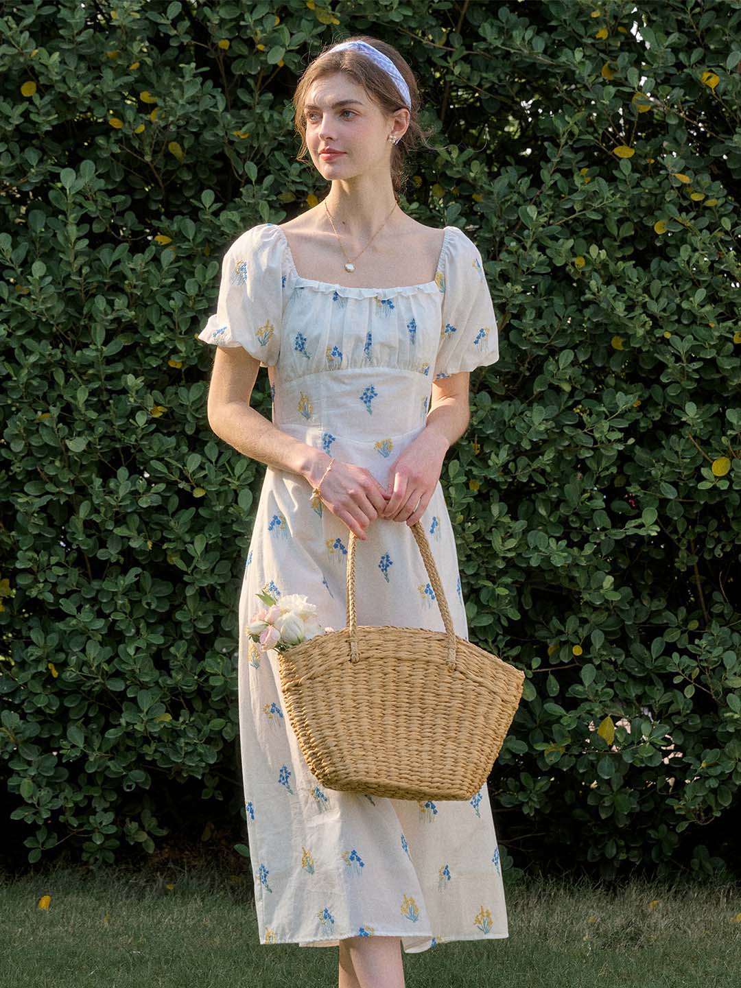 Celeste French Square Neck Gypsophila Embroidered Floral Cotton Dress