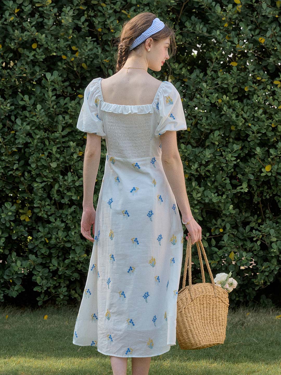 Celeste French Square Neck Gypsophila Embroidered Floral Cotton Dress
