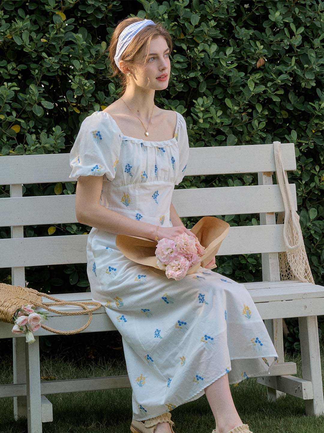 Celeste French Square Neck Gypsophila Embroidered Floral Cotton Dress