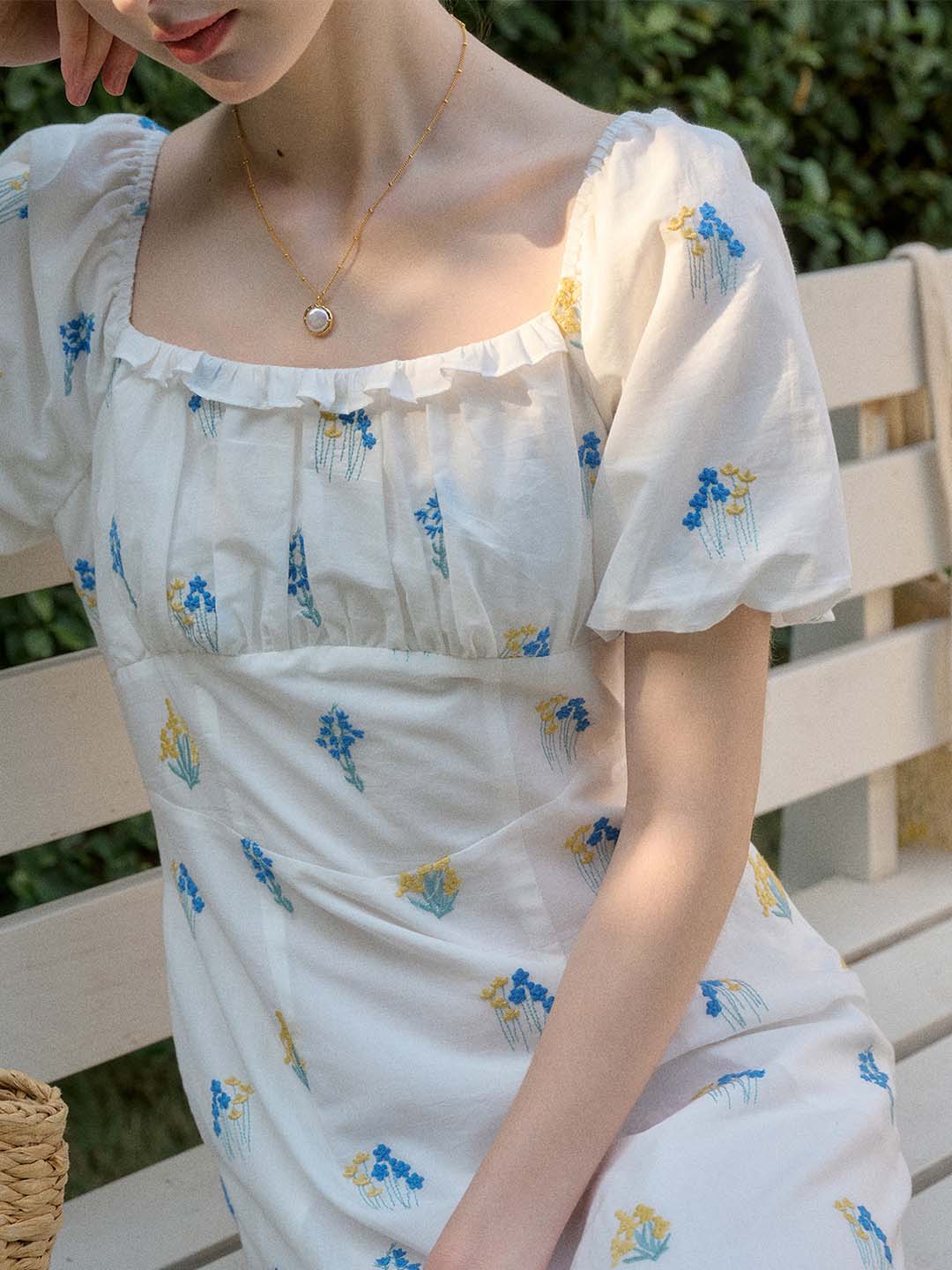 Celeste French Square Neck Gypsophila Embroidered Floral Cotton Dress