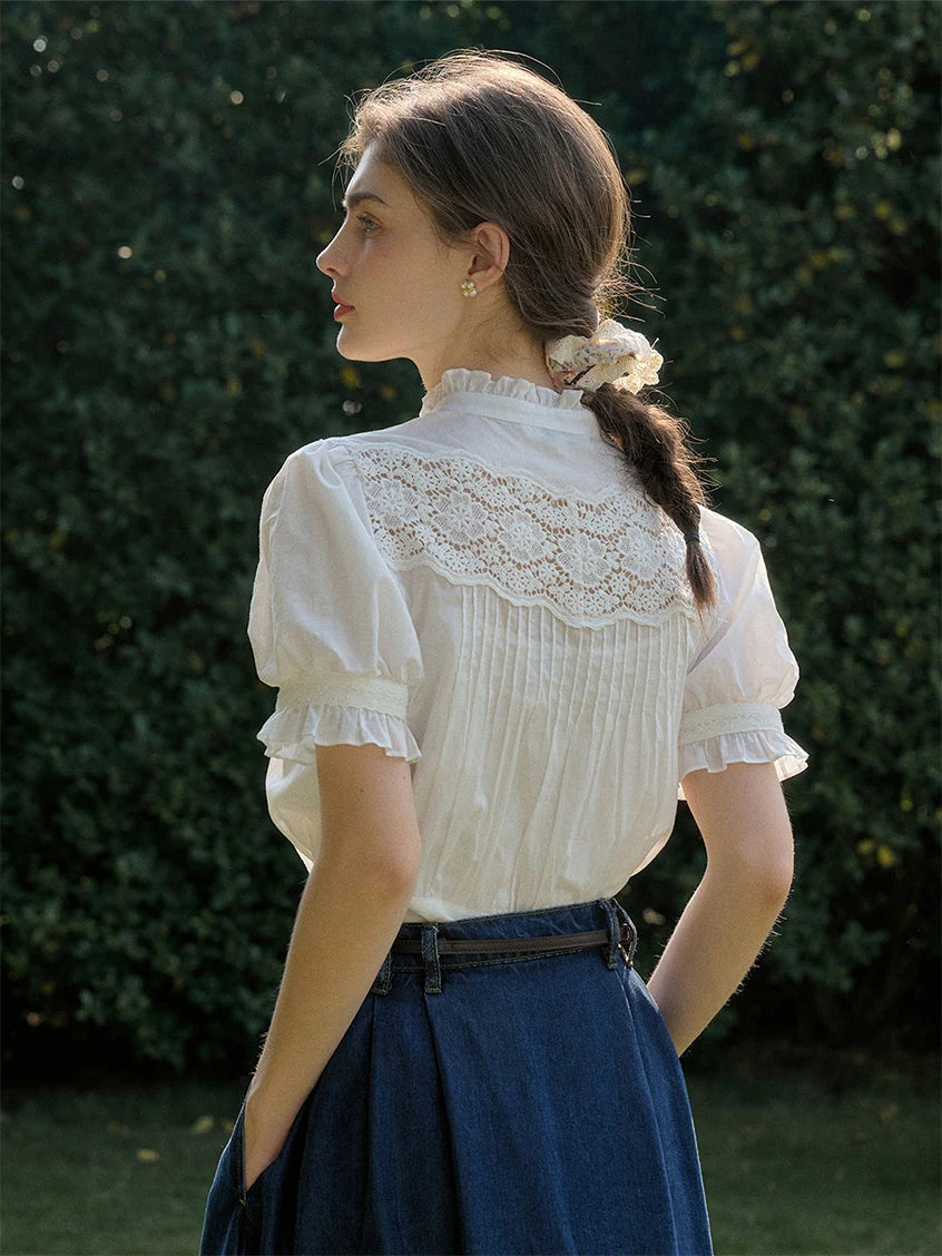 Octavia Mock Neck Hollow Lace Patchwork Puff Sleeve Blouse