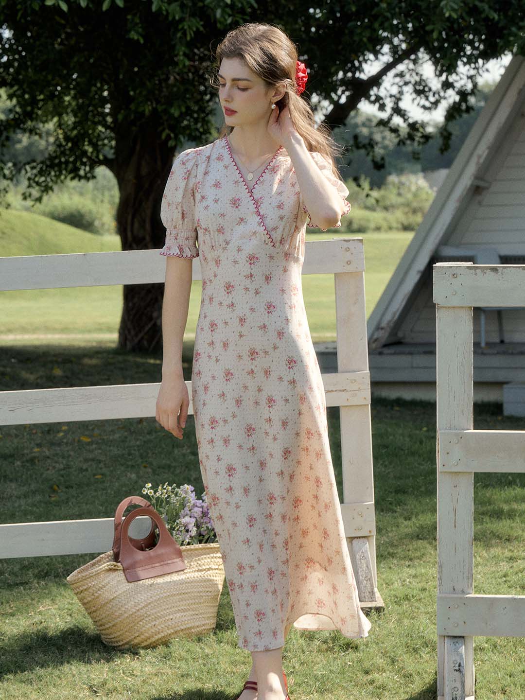 【Final Sale】Thea Rose Polka Dot Floral V-neck Puff Sleeve Dress