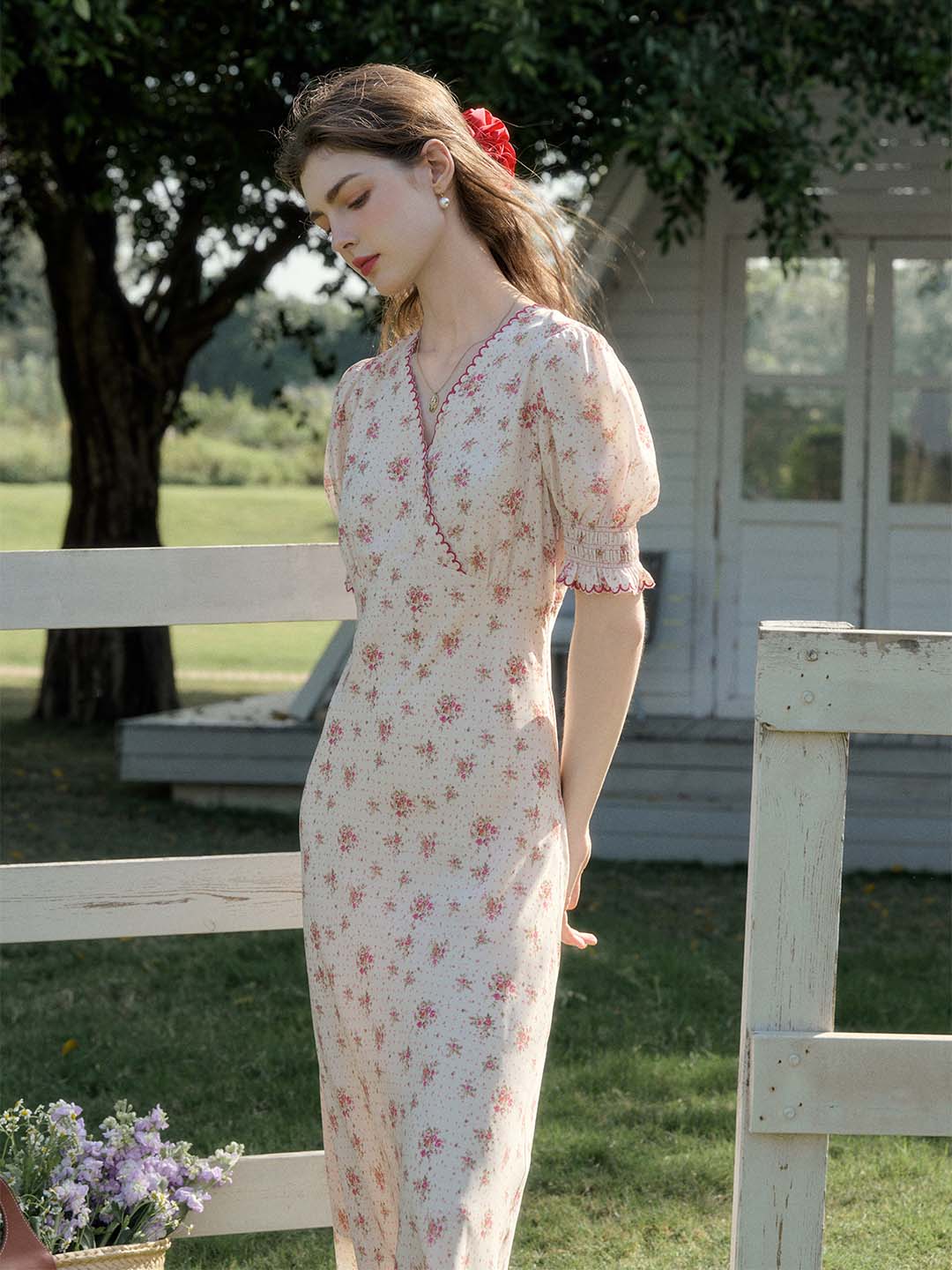 【Final Sale】Thea Rose Polka Dot Floral V-neck Puff Sleeve Dress