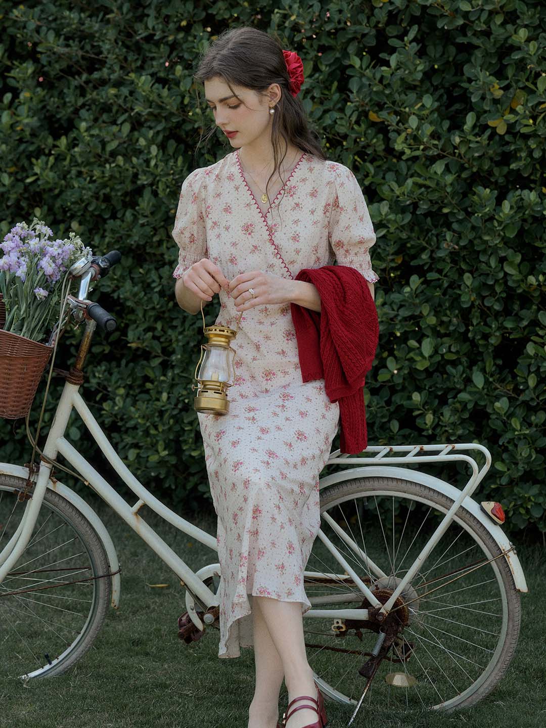 【Final Sale】Thea Rose Polka Dot Floral V-neck Puff Sleeve Dress