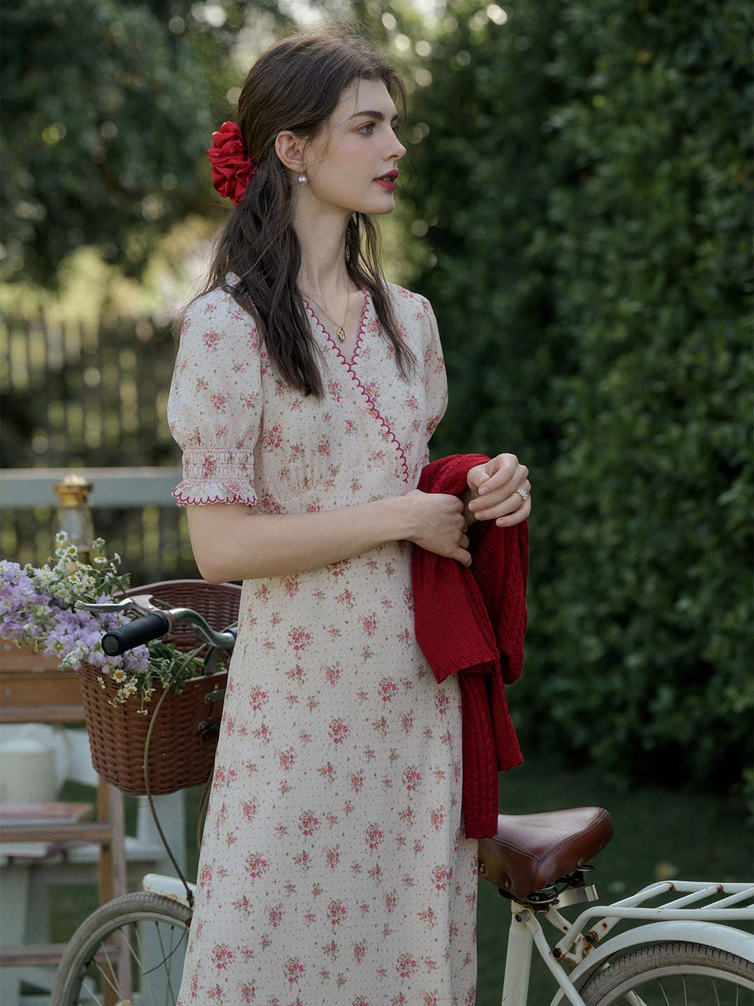 【Final Sale】Thea Rose Polka Dot Floral V-neck Puff Sleeve Dress