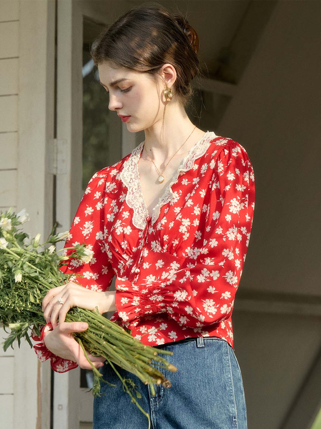 【Final Sale】Stevie Vintage Lace Patchwork V-neck Blouse