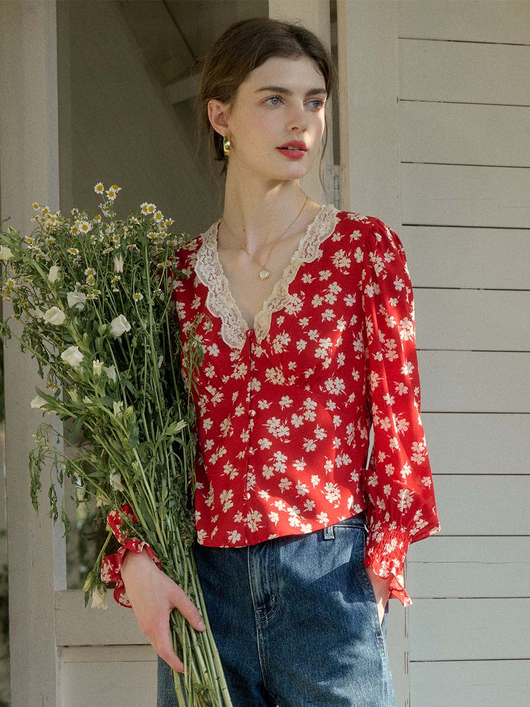 【Final Sale】Stevie Vintage Lace Patchwork V-neck Blouse