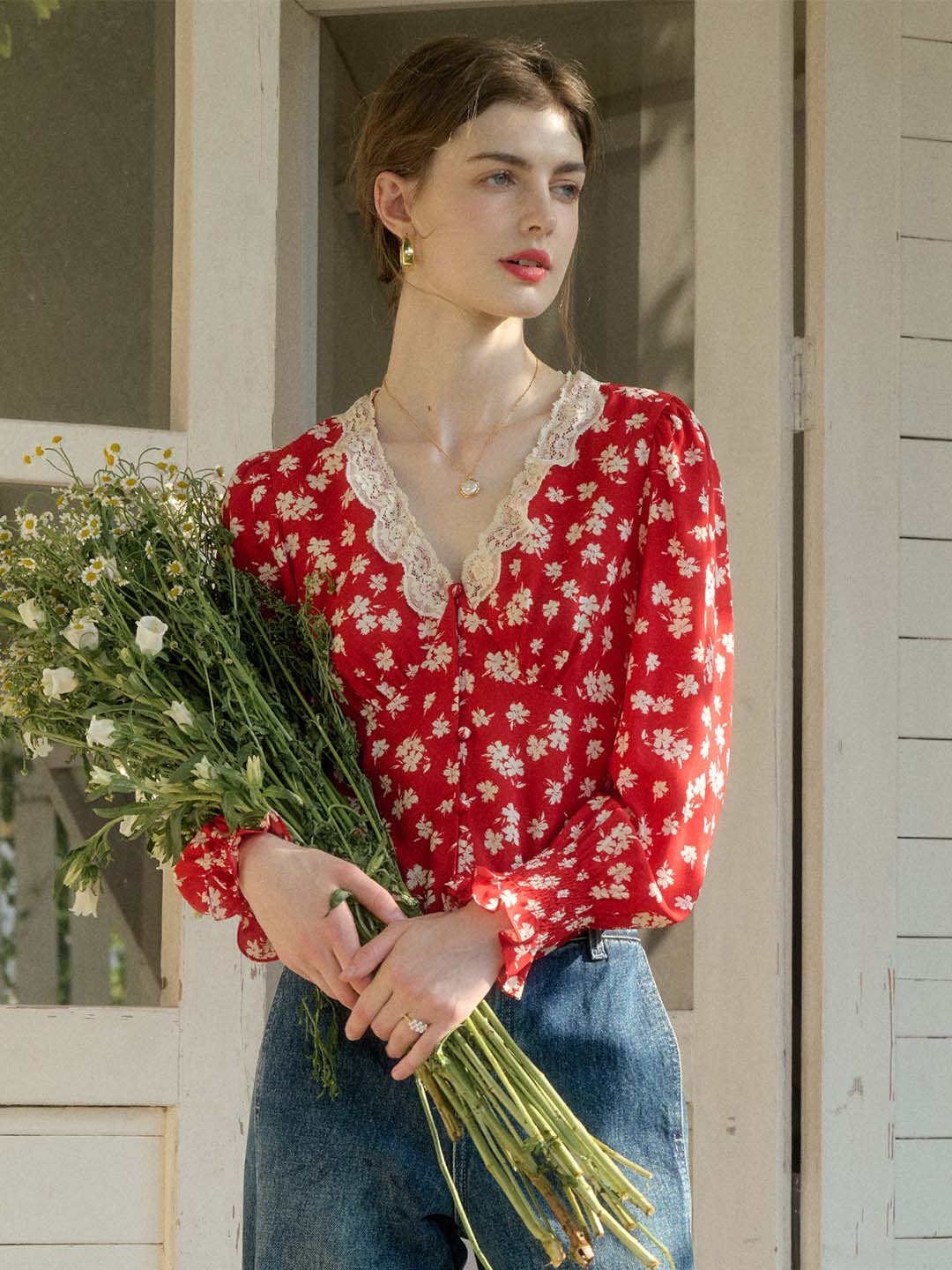 【Final Sale】Stevie Vintage Lace Patchwork V-neck Blouse