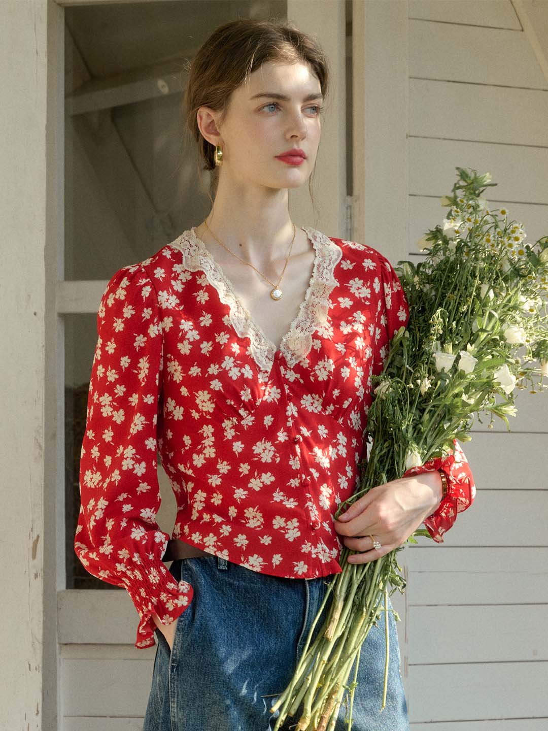 【Final Sale】Stevie Vintage Lace Patchwork V-neck Blouse