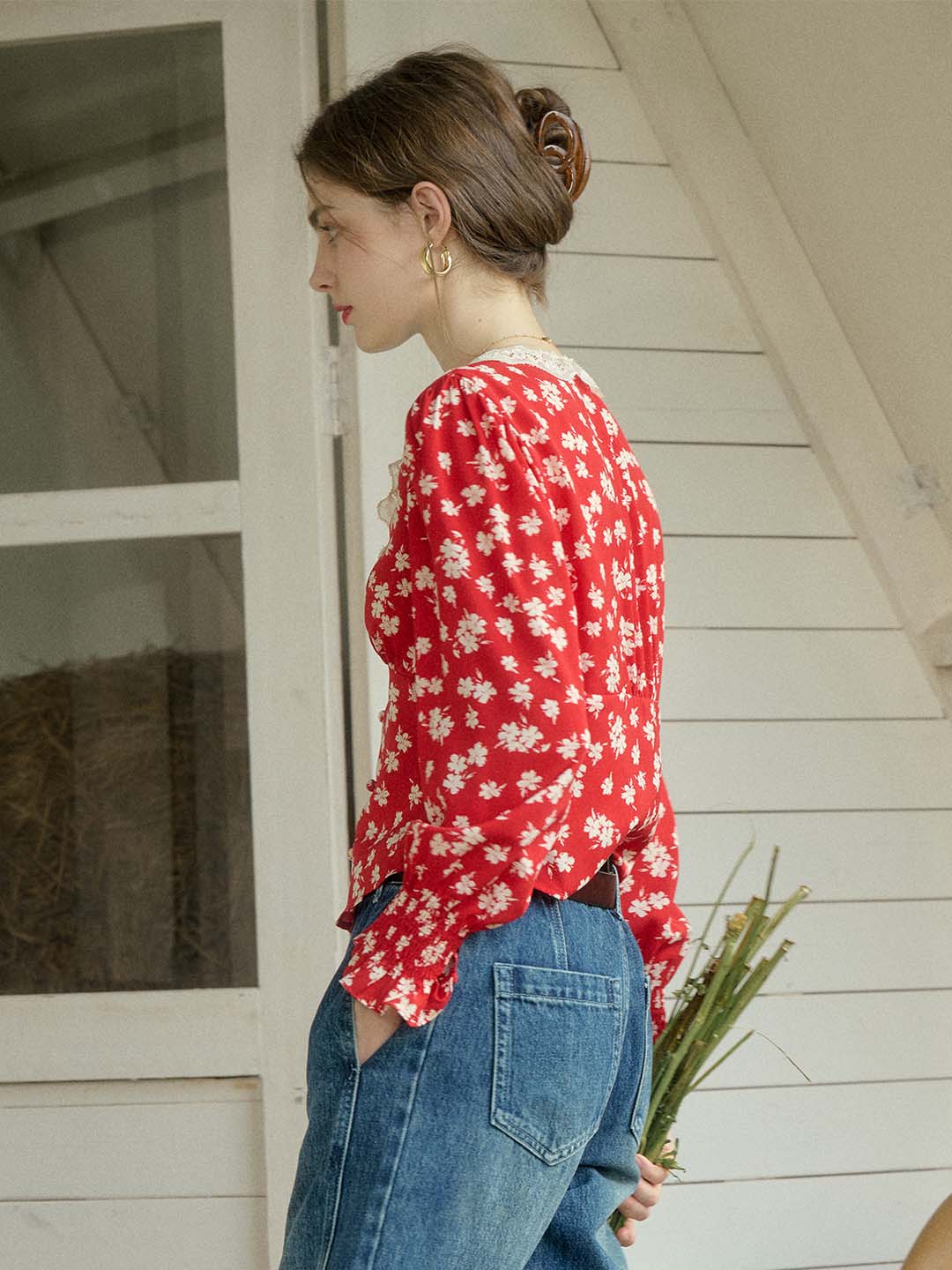 【Final Sale】Stevie Vintage Lace Patchwork V-neck Blouse