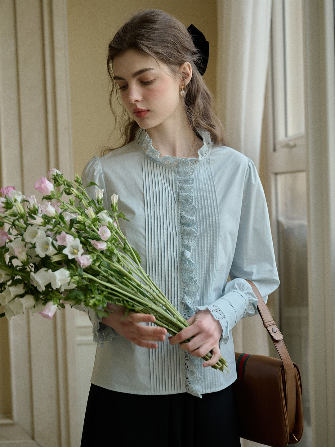 Jordyn Hollow Lace Patchwork Crew Neck Blouse
