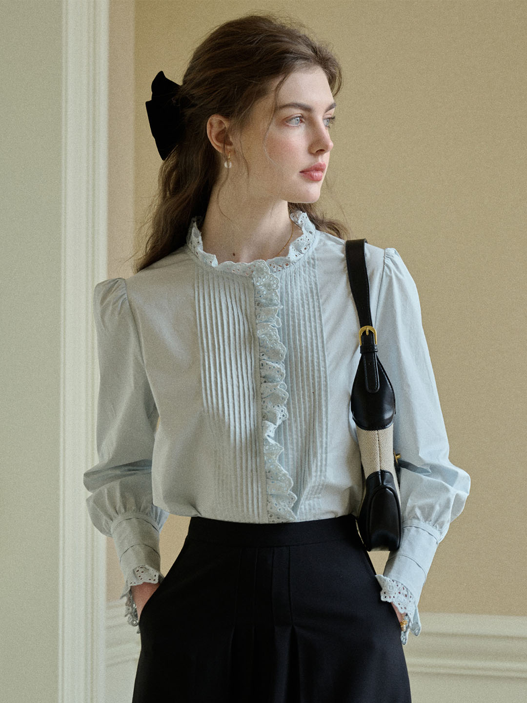 Jordyn Hollow Lace Patchwork Crew Neck Blouse