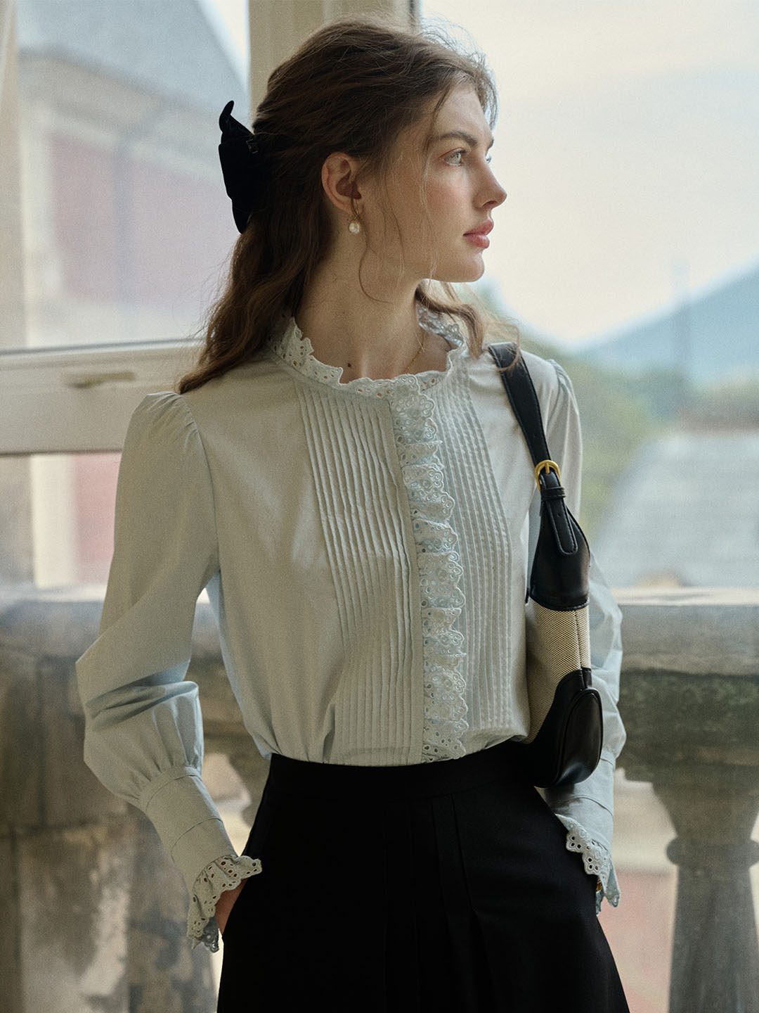 Jordyn Hollow Lace Patchwork Crew Neck Blouse