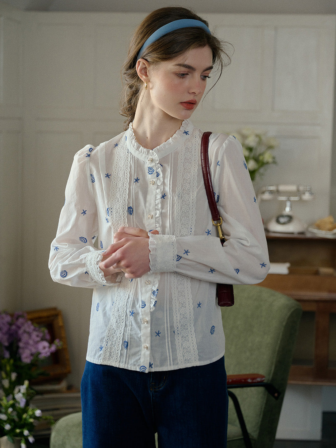 Madison Lace Paneled Button Front Cotton Blouse