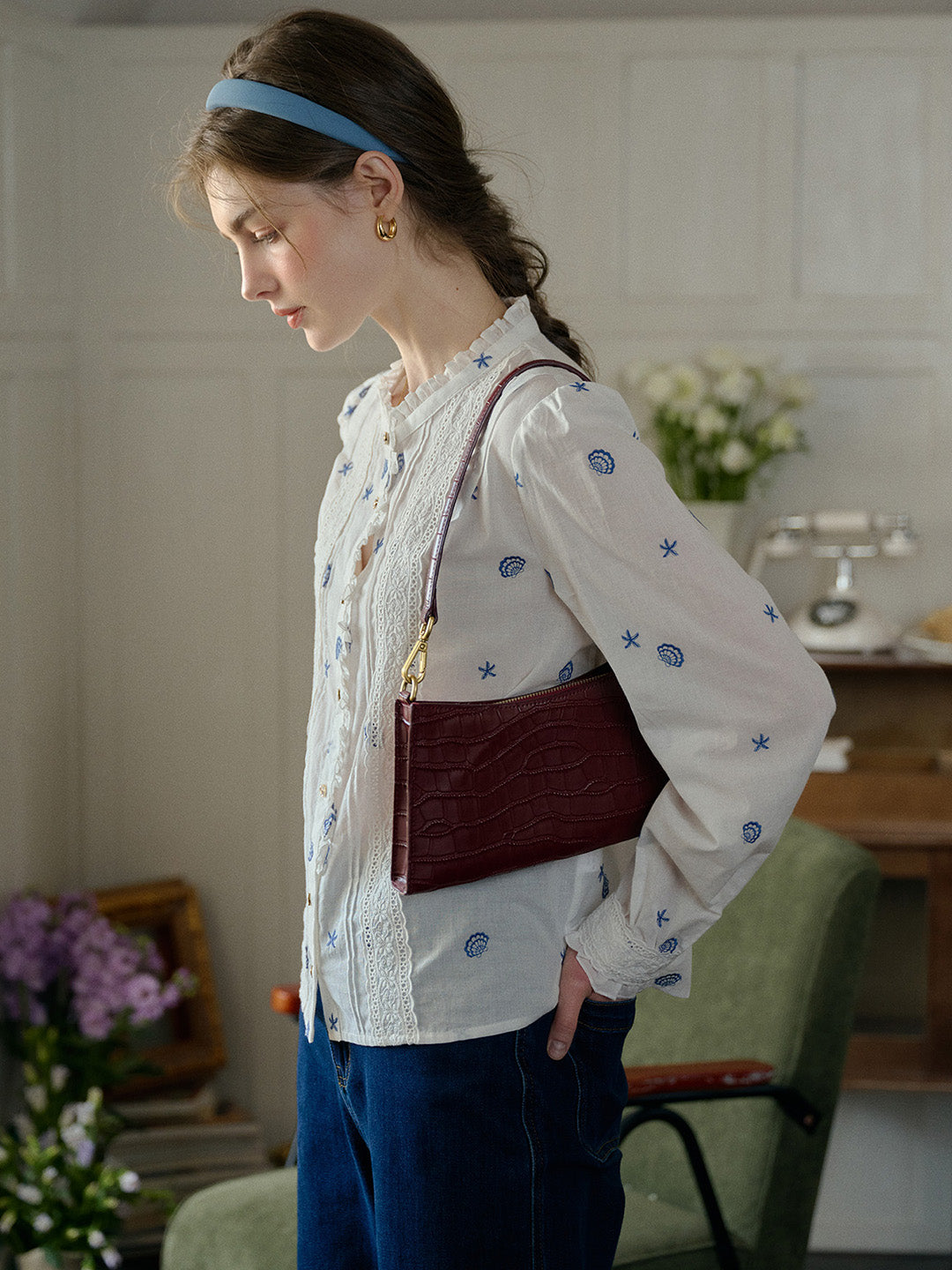 Madison Lace Paneled Button Front Cotton Blouse