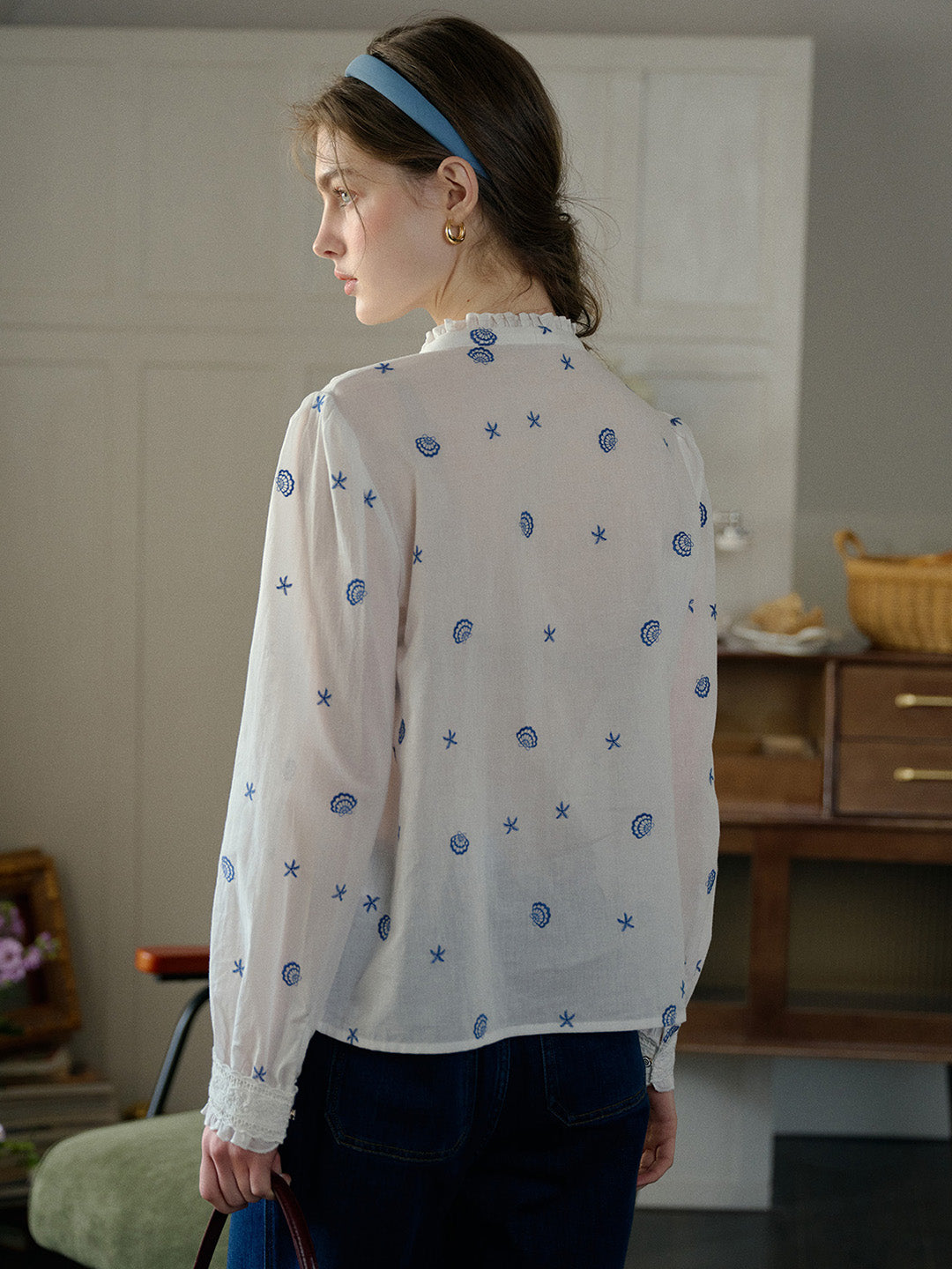 Madison Lace Paneled Button Front Cotton Blouse