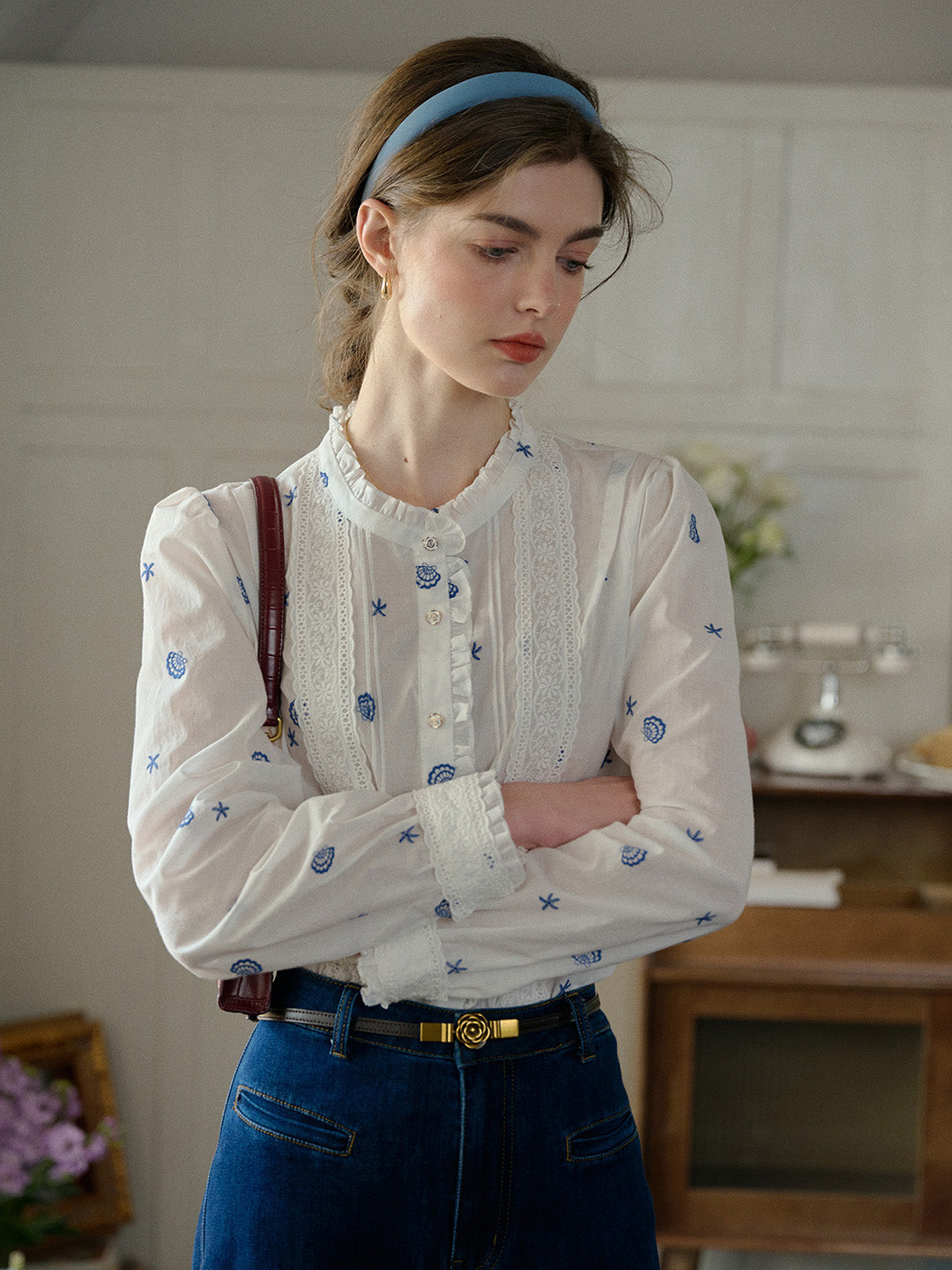Madison Lace Paneled Button Front Cotton Blouse