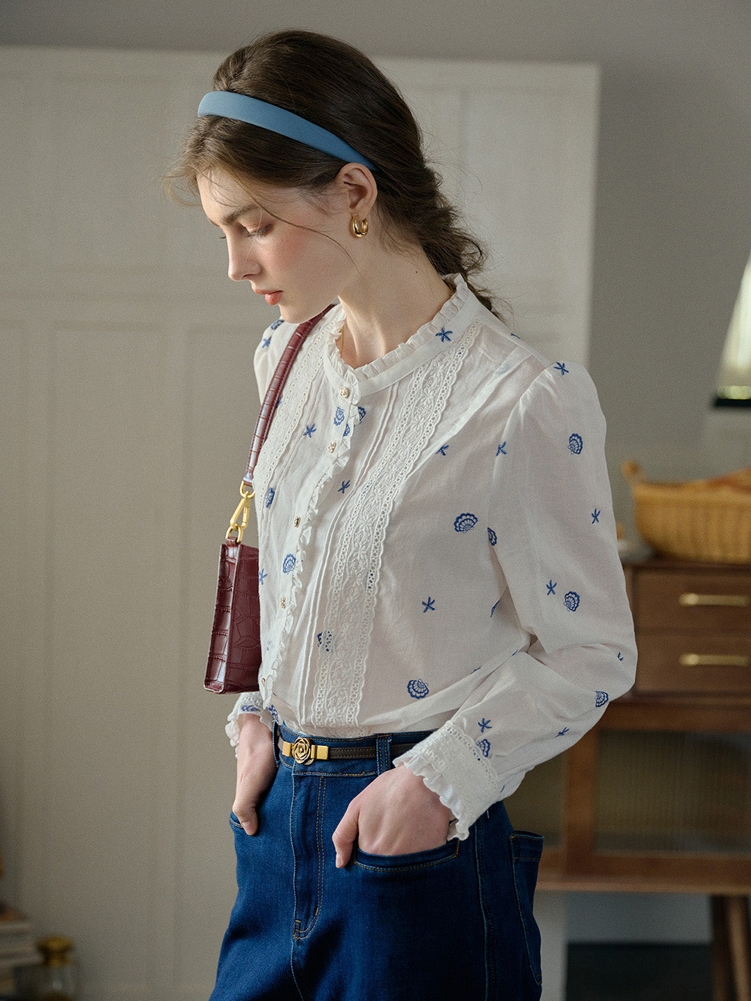Madison Lace Paneled Button Front Cotton Blouse
