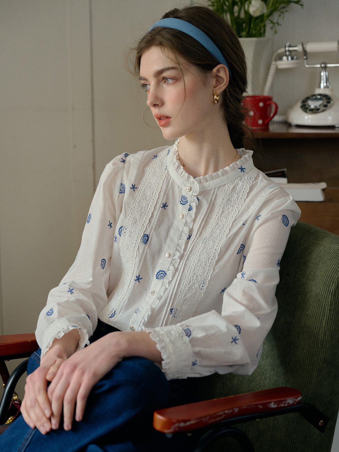 Madison Lace Paneled Button Front Cotton Blouse