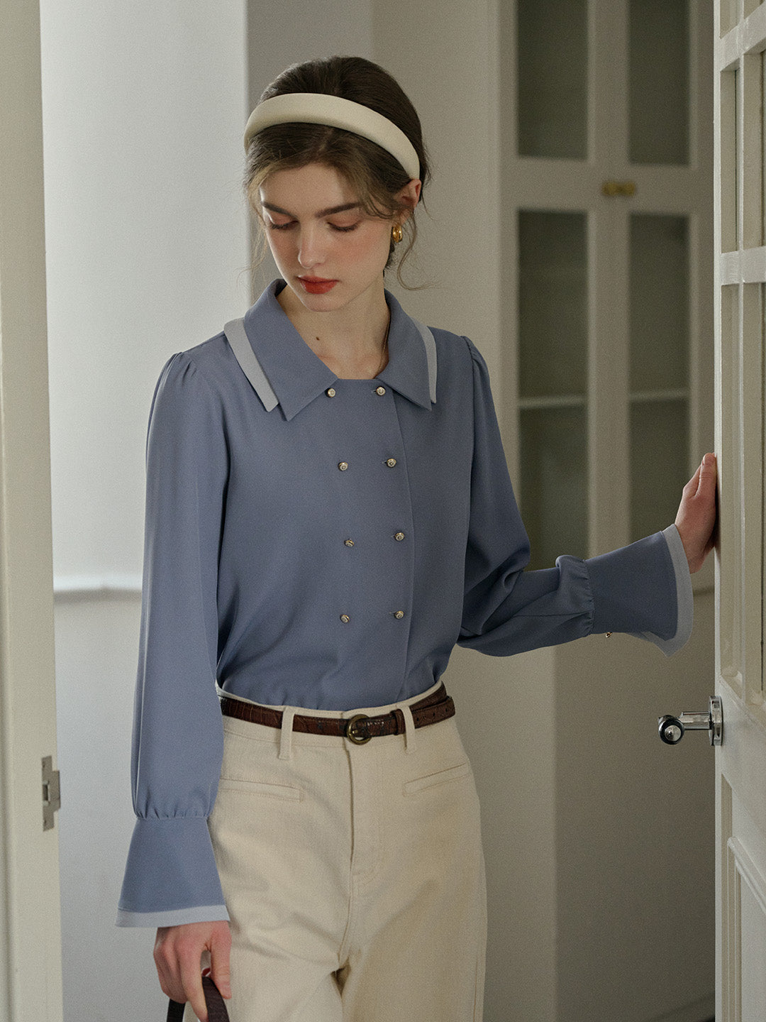 【Final Sale】Rebekah Vintage Double Breasted Colorblock Collar Blouse