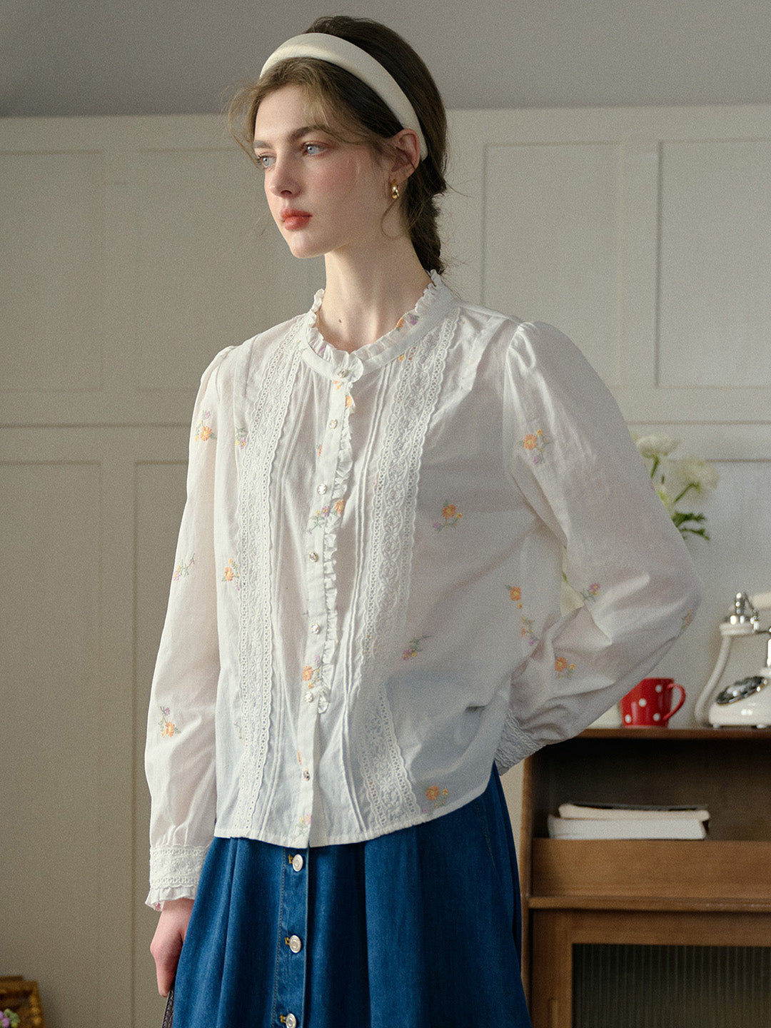 Madison Lace Paneled Button Front Cotton Blouse
