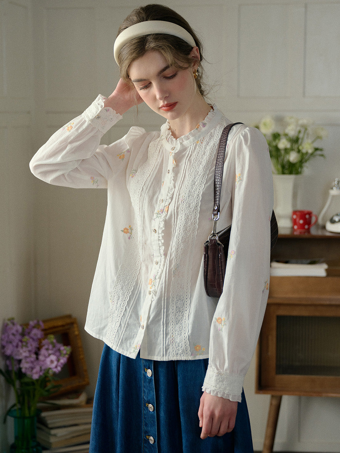 Madison Lace Paneled Button Front Cotton Blouse
