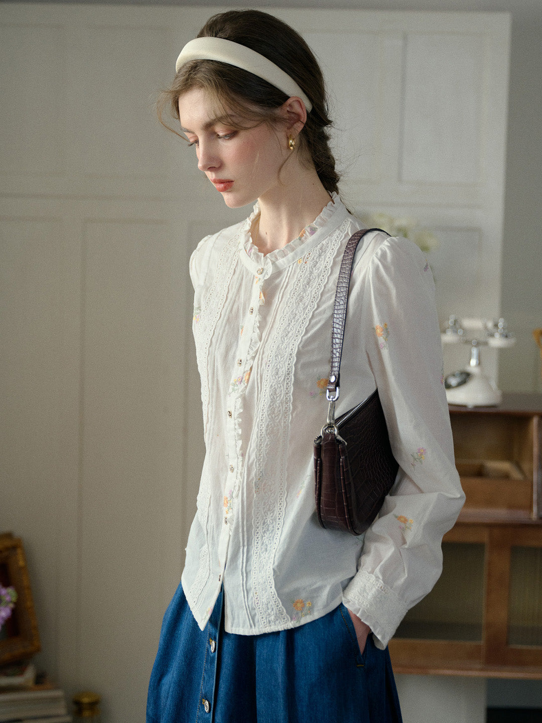 Madison Lace Paneled Button Front Cotton Blouse