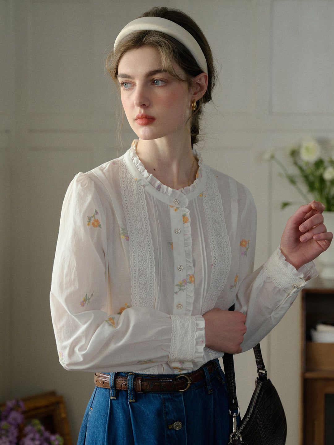 Madison Lace Paneled Button Front Cotton Blouse