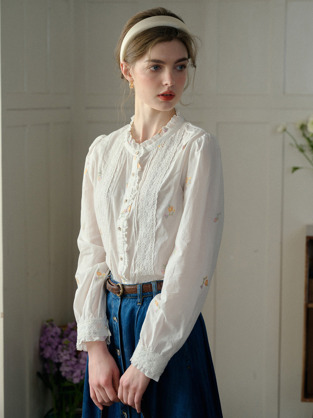 Madison Lace Paneled Button Front Cotton Blouse