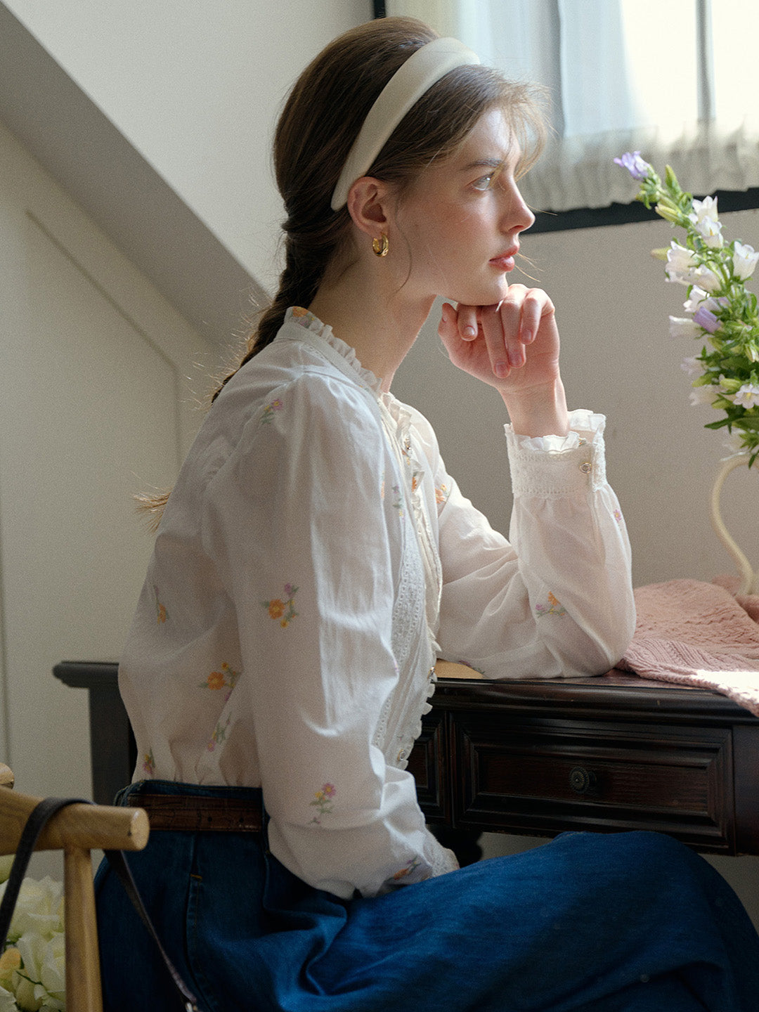 Madison Lace Paneled Button Front Cotton Blouse