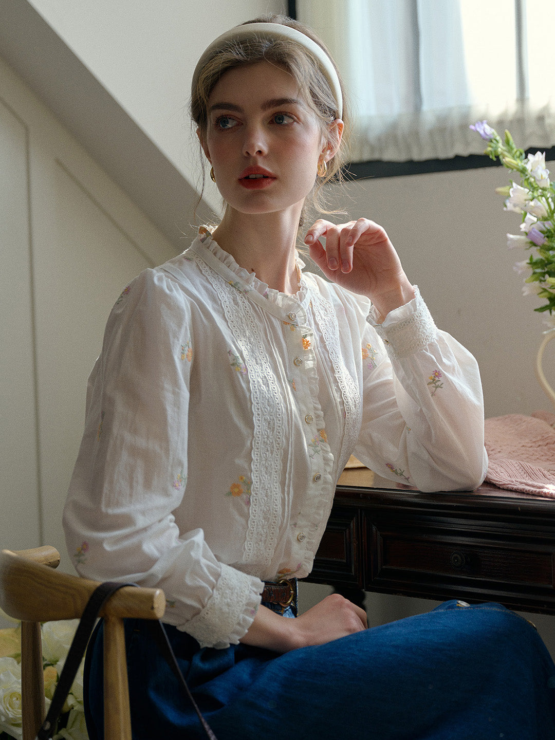 Madison Lace Paneled Button Front Cotton Blouse