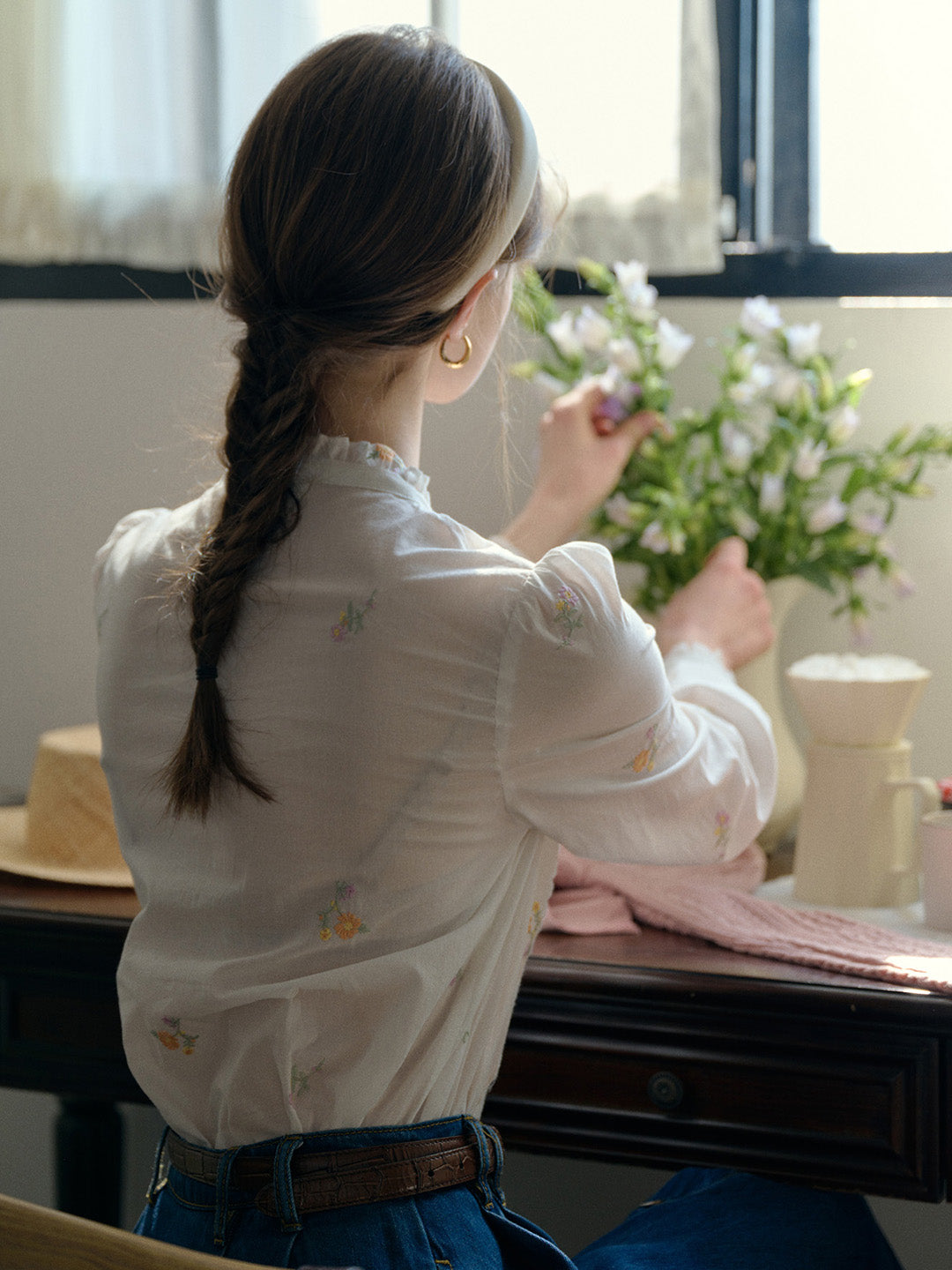 Madison Lace Paneled Button Front Cotton Blouse