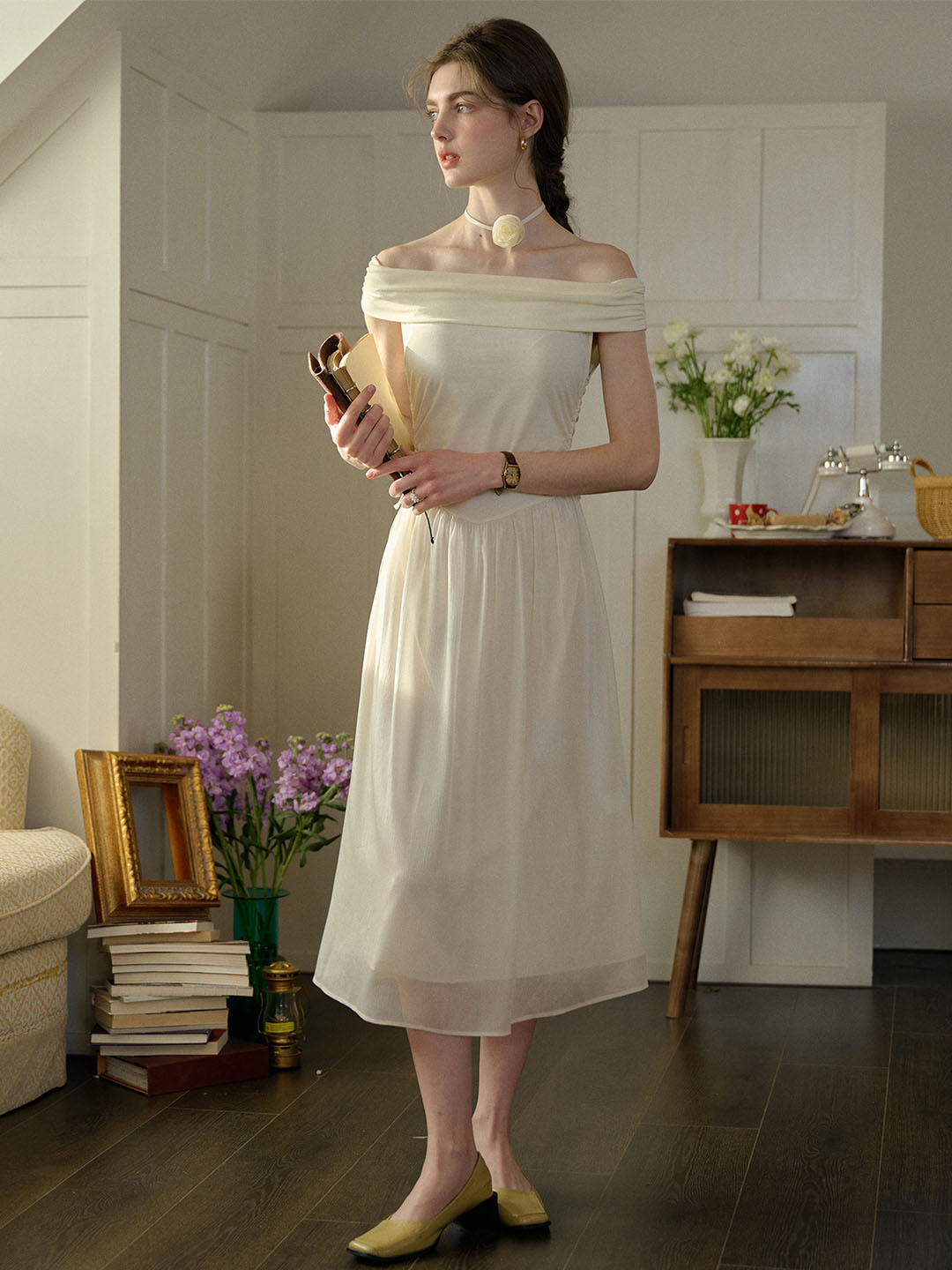 Madeleine Solid Color One Shoulder Casual Dress (No Rose Choker)