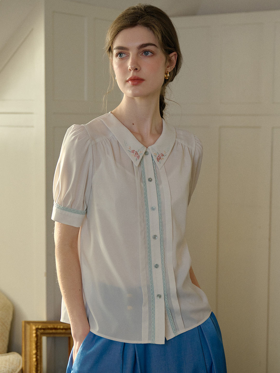 【Final Sale】Maia Floral Embroidered Lapel Contrast Lace Puff Sleeve Chiffon Shirt